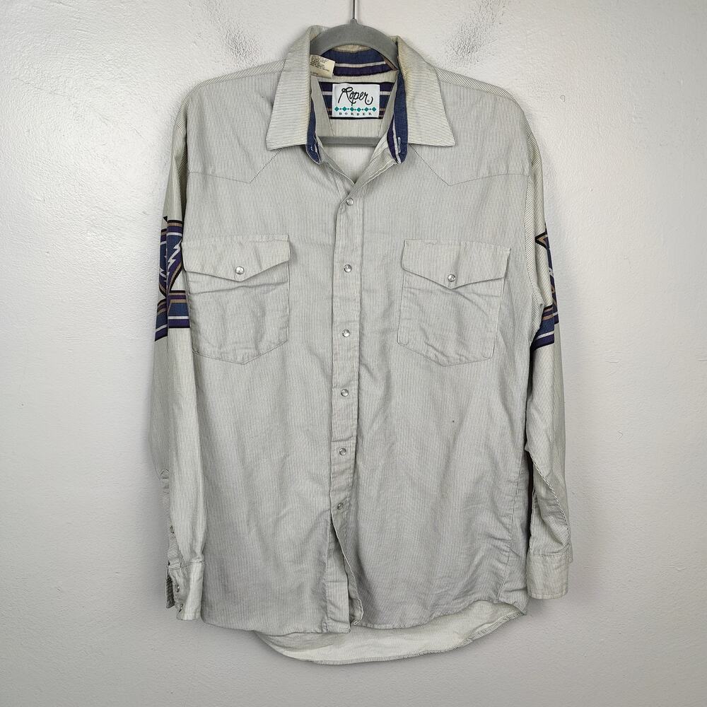 Vintage Roper Pearl Snap Shirt Men Large Light Gray Tribal Print Sleeves Western
